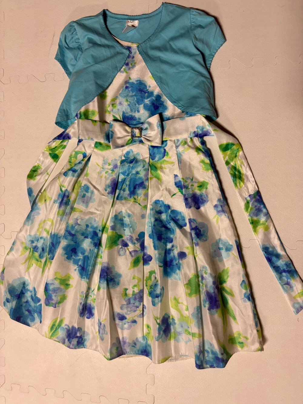 Blue & White Floral Fit-and-Flare Dress with Matching Shrug